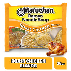 Maruchan bowl served steaming with roast chicken ramen and vegetables for a satisfying meal