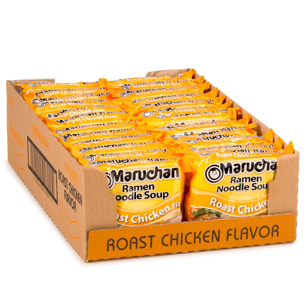 Maruchan front packaging showing roast chicken flavor and serving suggestion for pantry convenience