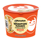 Maruchan wonton bowl front packaging showing brand and microwaveable convenience
