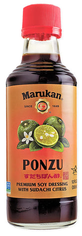Marukan ponzu sudachi front packaging showing bottle and brown label delivers authentic citrus flavor