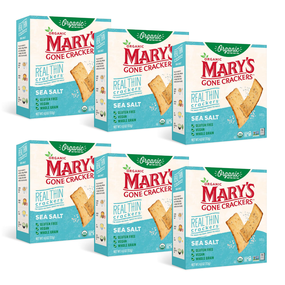 Mary's Gone Crackers front packaging shows sea salt flavor and organic badge, appealing shelf presence