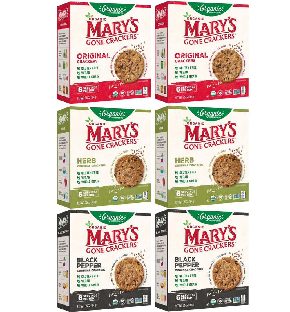 Mary's Gone Crackers front packaging showing variety pack and organic label
