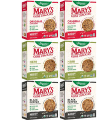 Mary's Gone Crackers front packaging showing variety pack and organic label
