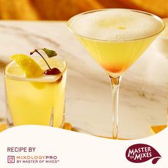 MASTER OF MIXES bottle beside cocktail glass demonstrating ready-to-use efficiency