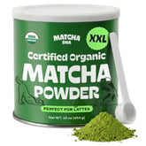 Matcha DNA front packaging 16oz tin showing organic label and freshness