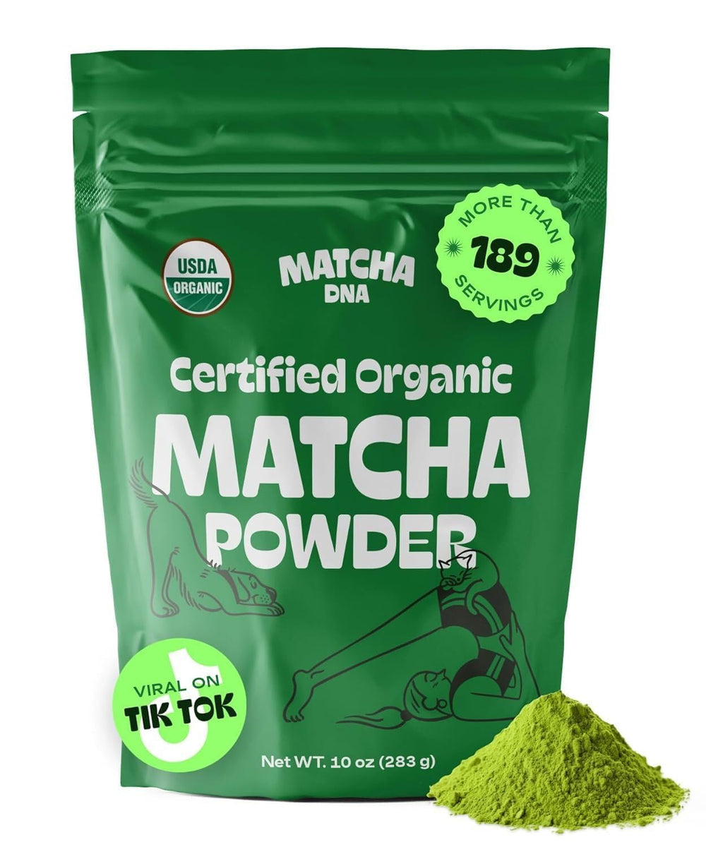 MATCHA DNA front packaging showing organic label and resealable bag preserving freshness