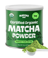 MATCHA DNA front tin showing organic label and BPA-free claim