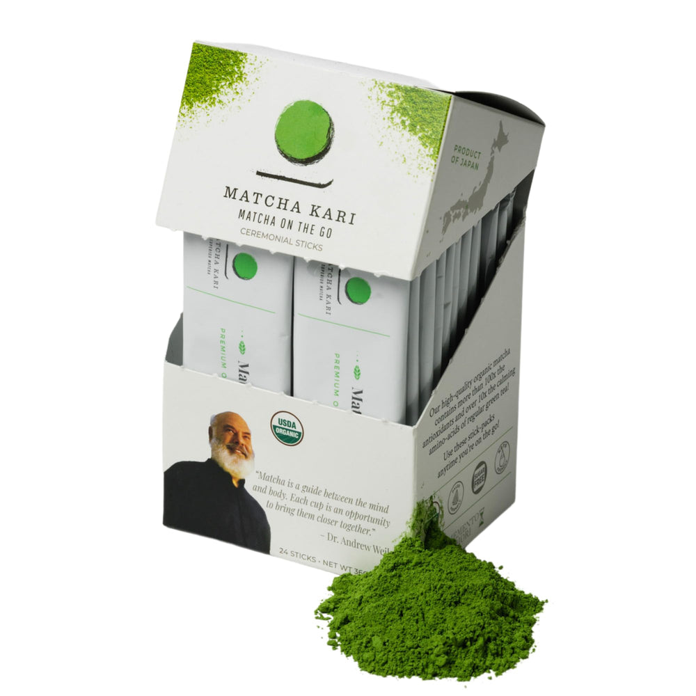Matcha Kari front packaging showing 24 single-serve stick box benefit travel-friendly