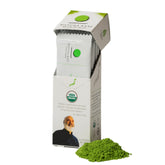 Matcha Kari front packaging showing six single-serve sticks and organic seal, convenient travel benefit