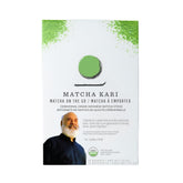 Matcha Kari front packet showing 12 stick sachets and organic branding benefit