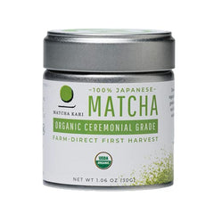 Matcha Kari tin front view showing packaging and freshness benefit