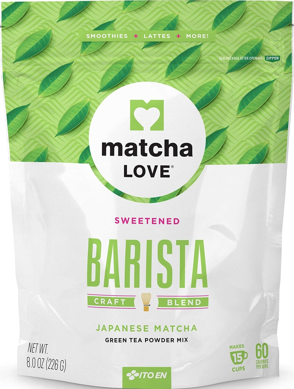 matcha LOVE front packet view showing brand and vibrant green powder benefit