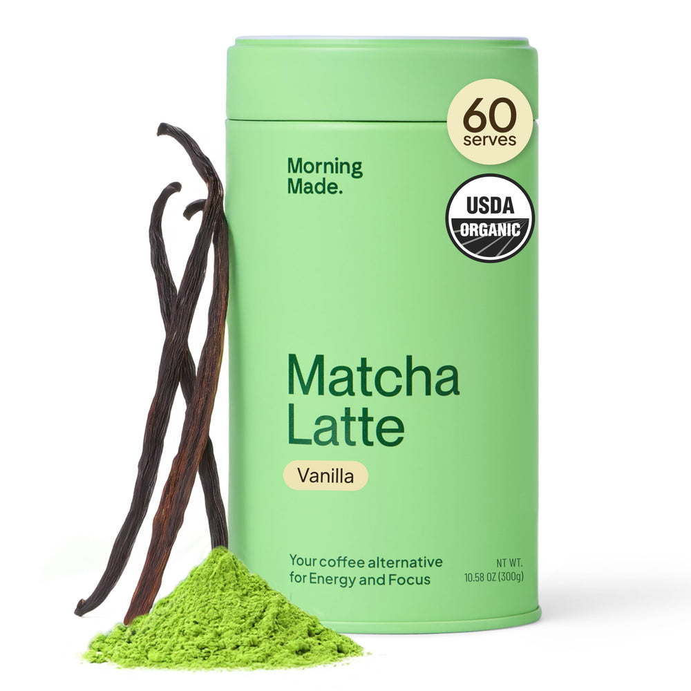 Matcha Made tin front view showing packaging and serving size benefit