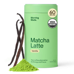 Matcha Made tin front view showing packaging and serving size benefit