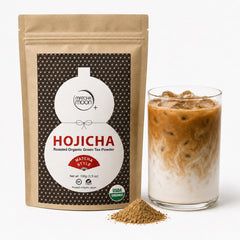 Matcha Moon front packaging resealable bag shows premium organic hojicha benefits