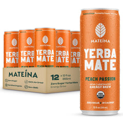 Mateina front packaging showing Peach Passion can and branding, refreshing energy