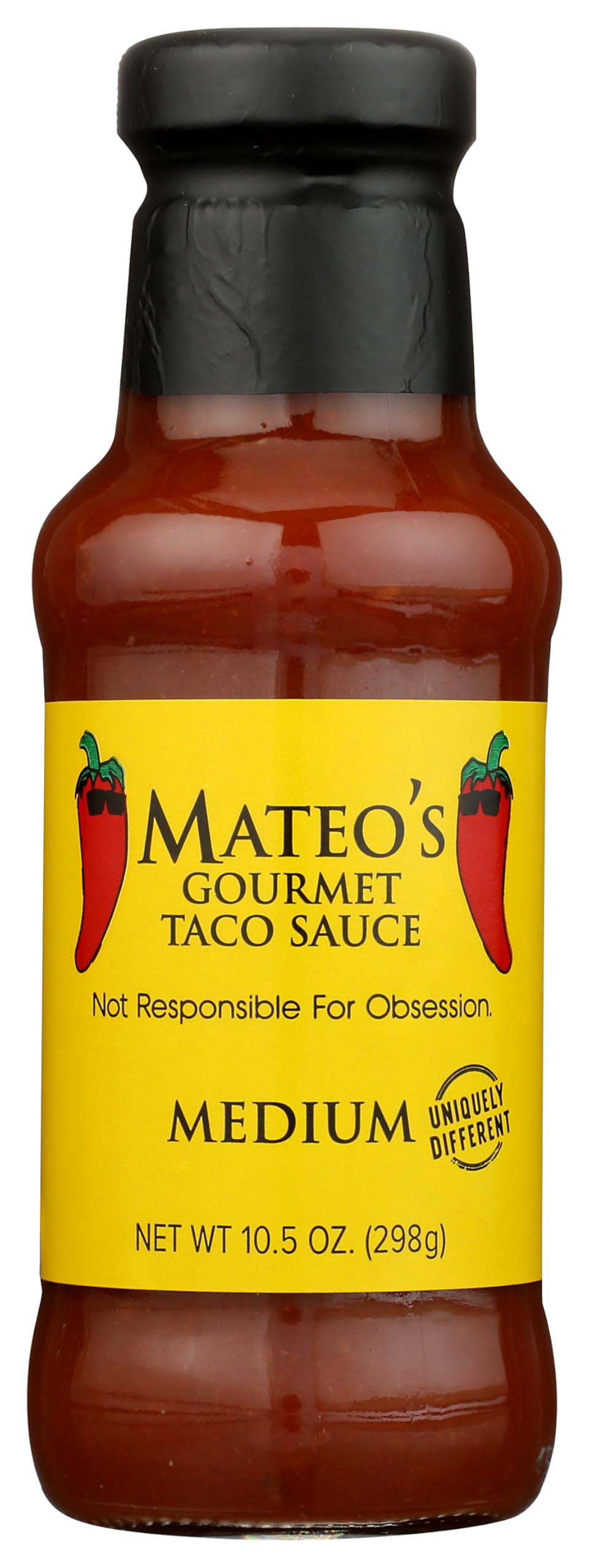 Mateo's bottle front label shown on tabletop, highlights bold flavor and easy serving