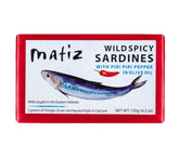 Matiz front packaging showing spicy sardines pack and brand benefit