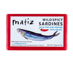 Matiz front packaging showing spicy sardines pack and brand benefit