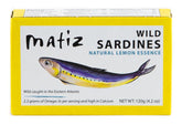 Matiz sardines front tin showing label and origin, highlights artisan quality