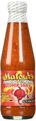 Matouk's bottle front label showing Trinidad Scorpion sauce and bold branding benefit