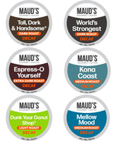 Maud's front packaging view showing 54-count decaf variety pack benefits