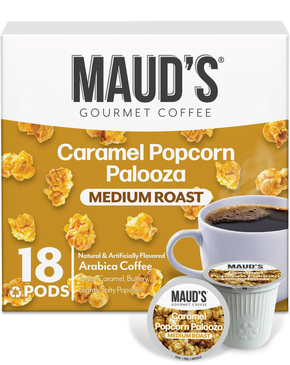 Maud's front packaging showing 18ct pods and sweet flavor benefit