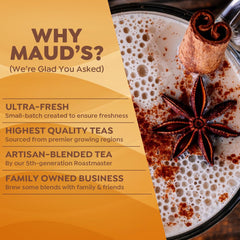 MAUD'S pouring steamed milk into chai cup, creamy latte texture enhanced