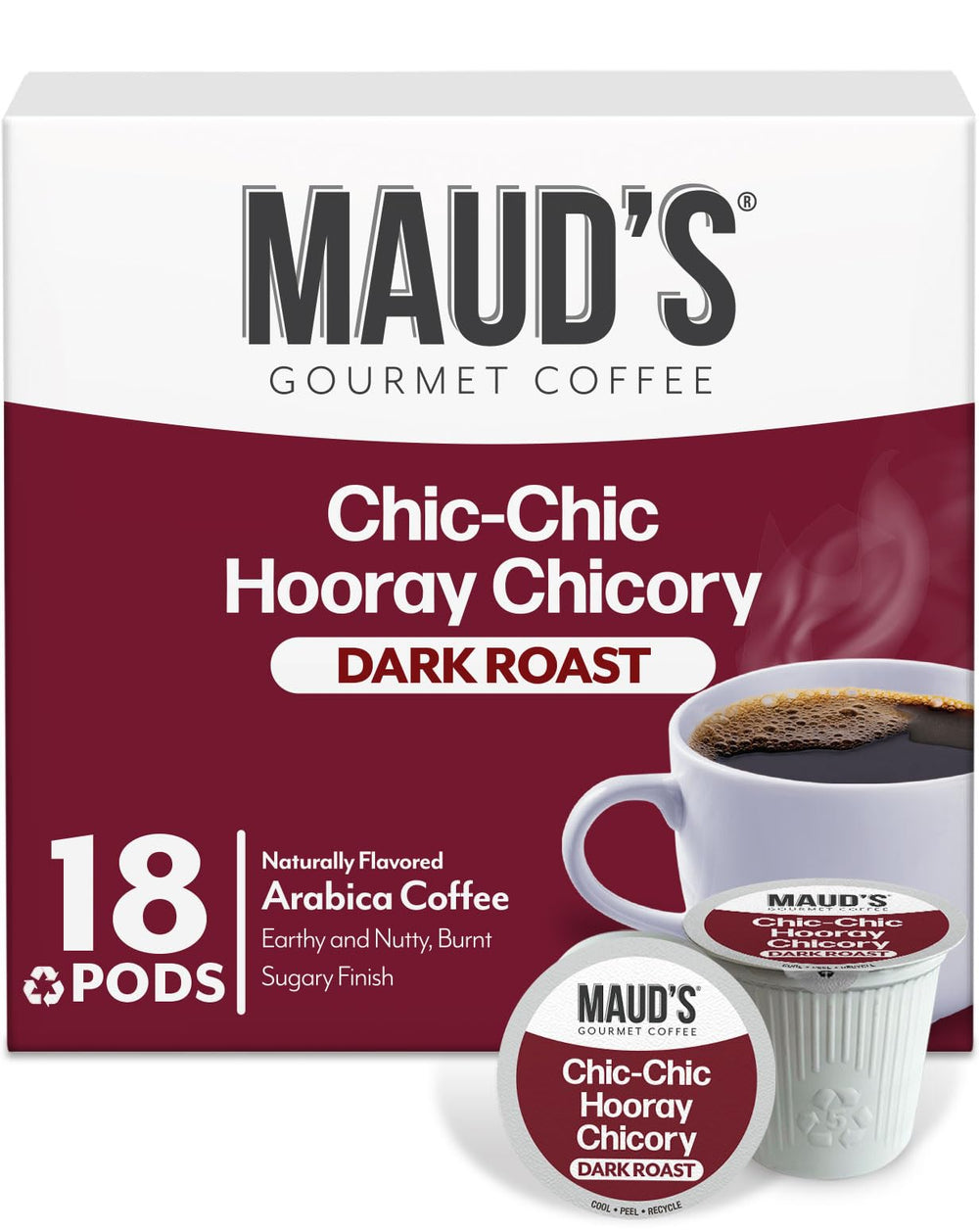 MAUD'S front packaging showing 18ct pods and bold chicory branding, clear convenience