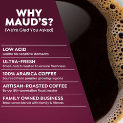 MAUD'S label close-up noting solar-powered roasting and ethical sourcing benefits