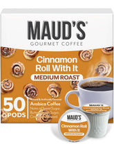 MAUD'S front packaging showing 50-count cinnamon roll pods and clear branding, highlights convenience
