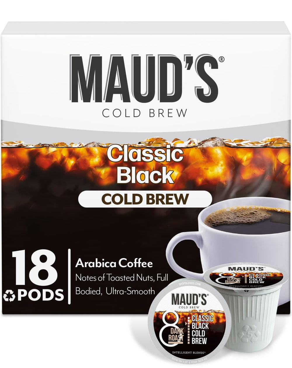 MAUD'S front packaging showing 18-count pods and bold branding, highlights convenience