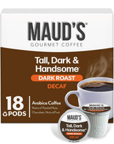 Maud's front packaging showing 18-count decaf pods and clear branding benefits convenience