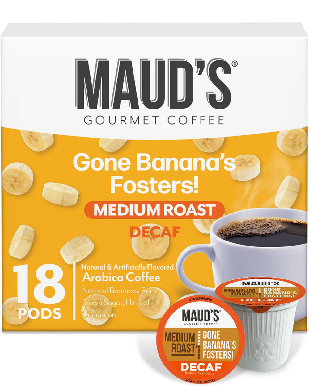 Maud's box front showing 18ct pods and banana foster flavor, highlights convenience