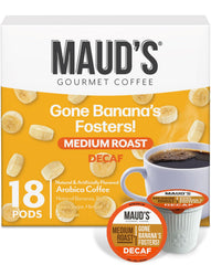 Maud's box front showing 18ct pods and banana foster flavor, highlights convenience