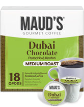 MAUD'S front packaging showing Dubai Chocolate pods, highlights premium flavor