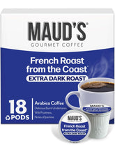 MAUD'S front packaging showing bold French roast branding and pod count, highlighting convenience