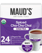 Maud's front box of 24 pods showing brand and quick gourmet chai convenience