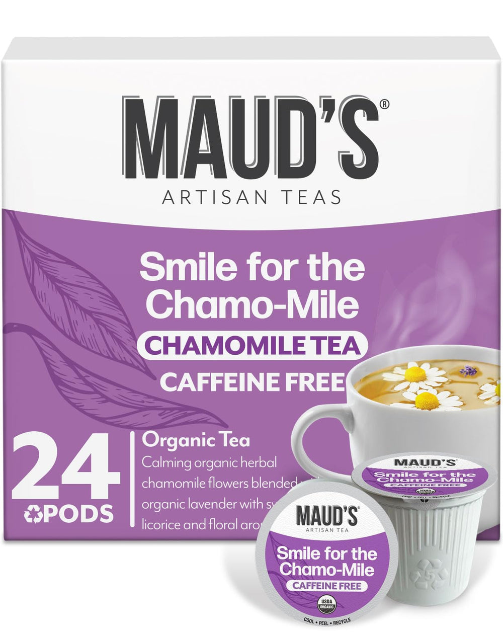 Maud's front packaging showing 24ct pods and organic label, highlights convenience