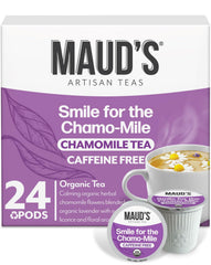 Maud's front packaging showing 24ct pods and organic label, highlights convenience