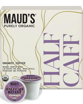 Maud's front packaging showing 16ct half caff pods and organic badge benefits