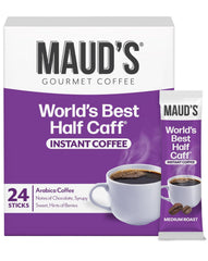 Maud's front packaging showing 24 packets and balanced half-caff taste benefit