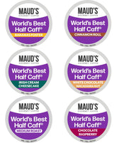 MAUD'S front packaging showing 48ct variety pack and half-caff convenience