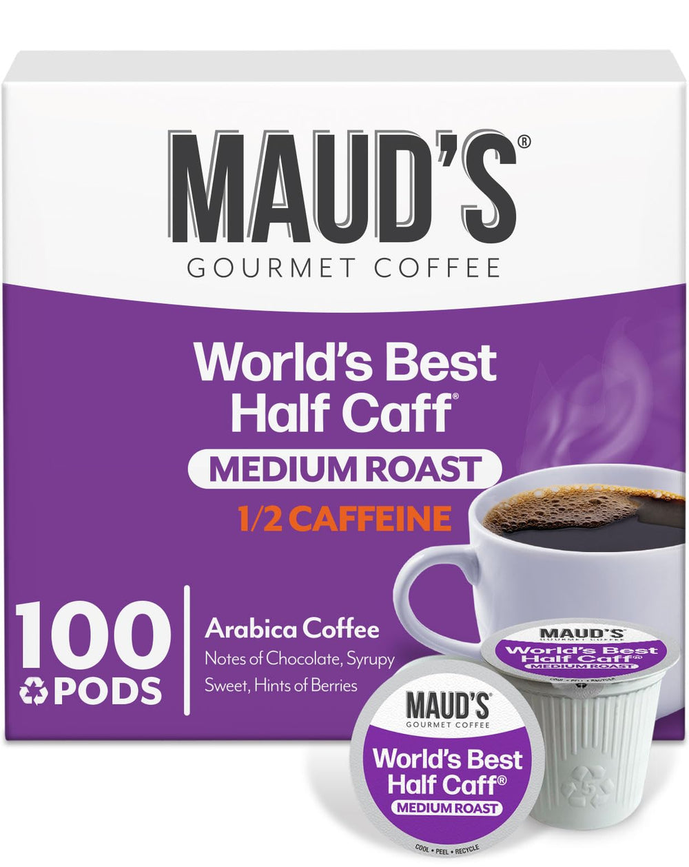 Maud's front packaging showing 100-count pods and clear product labeling for convenience