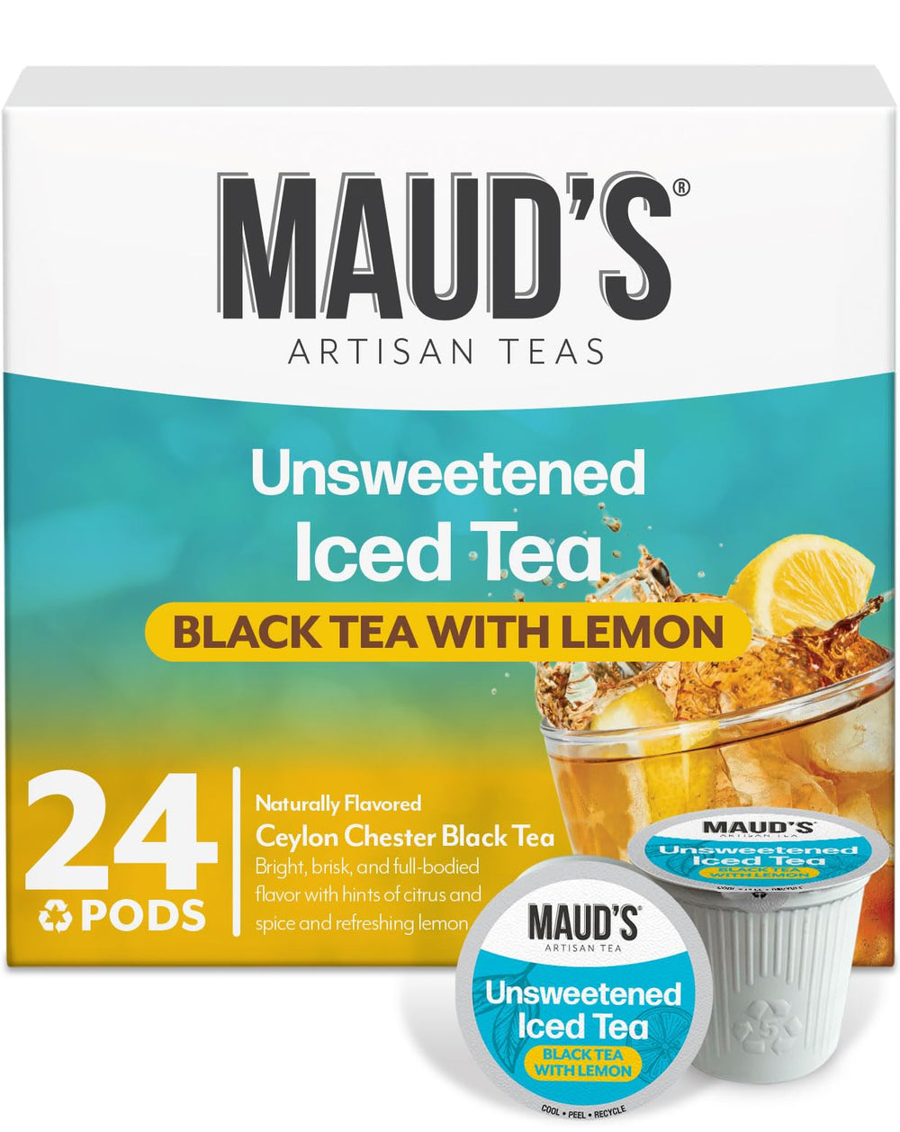 Maud's front packaging showing 24-count pods and clear product benefit