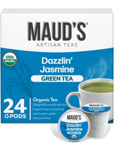 MAUD'S front packaging of jasmine green tea pods showing 24-count convenience and organic label
