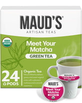 Maud's front packaging showing organic matcha pods and clear branding for easy selection
