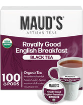 Maud's front package showing 100 organic English Breakfast pods and brand clarity