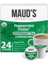 Maud's front packaging of 24 peppermint tea pods showing organic branding and quantity
