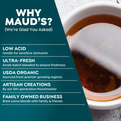 Maud's pod inserted in single-serve brewer producing fresh cup quickly and easily